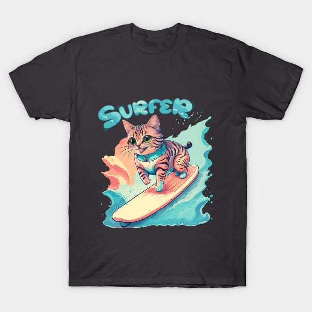 Surfer Cute Cat Summer Fun T-Shirt by PetODesigns